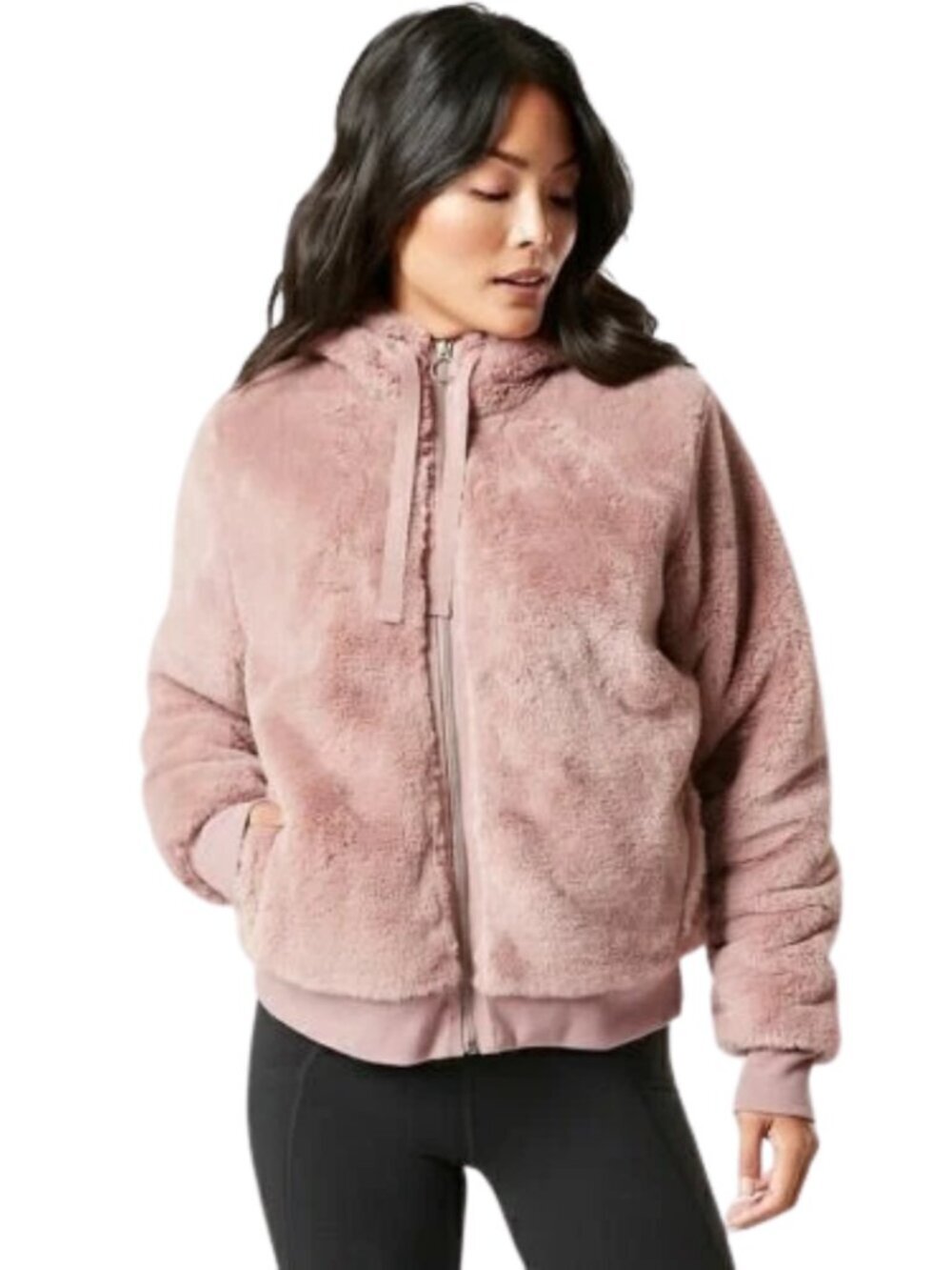 Athleta Ritual Jacket Hoodie Full Zip Faux Fur Women's Medium Mauve Pink NWOT